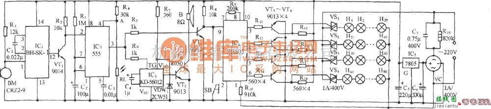 自动控制中的采用SH805的声光双控大功率彩灯伴鸟鸣声电路图  第1张