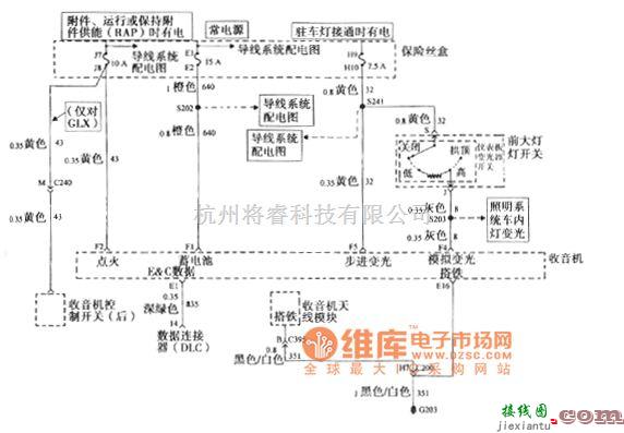 别克中的别克GL8汽车收音机音响系统电源、搭铁、前大灯开关和收音机电路图  第1张