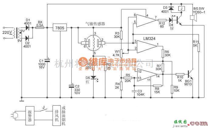 报警控制中的可燃性气体泄漏报警器电路图  第1张