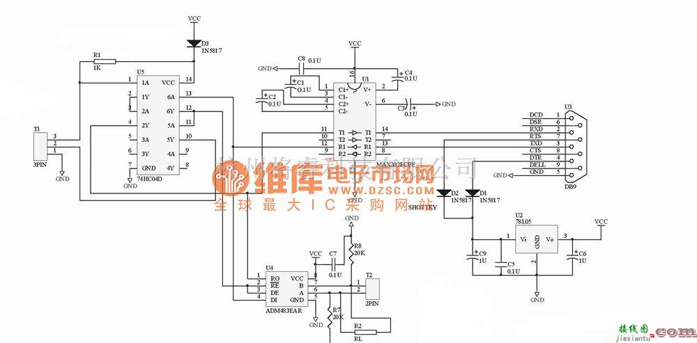 接口电路中的RS232-TTL-RS485接口转换电路图  第1张