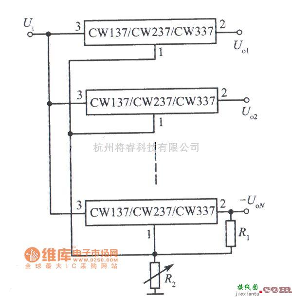 稳压电源中的CW137组成的多路集中控制可调集成稳压电源电路图  第1张