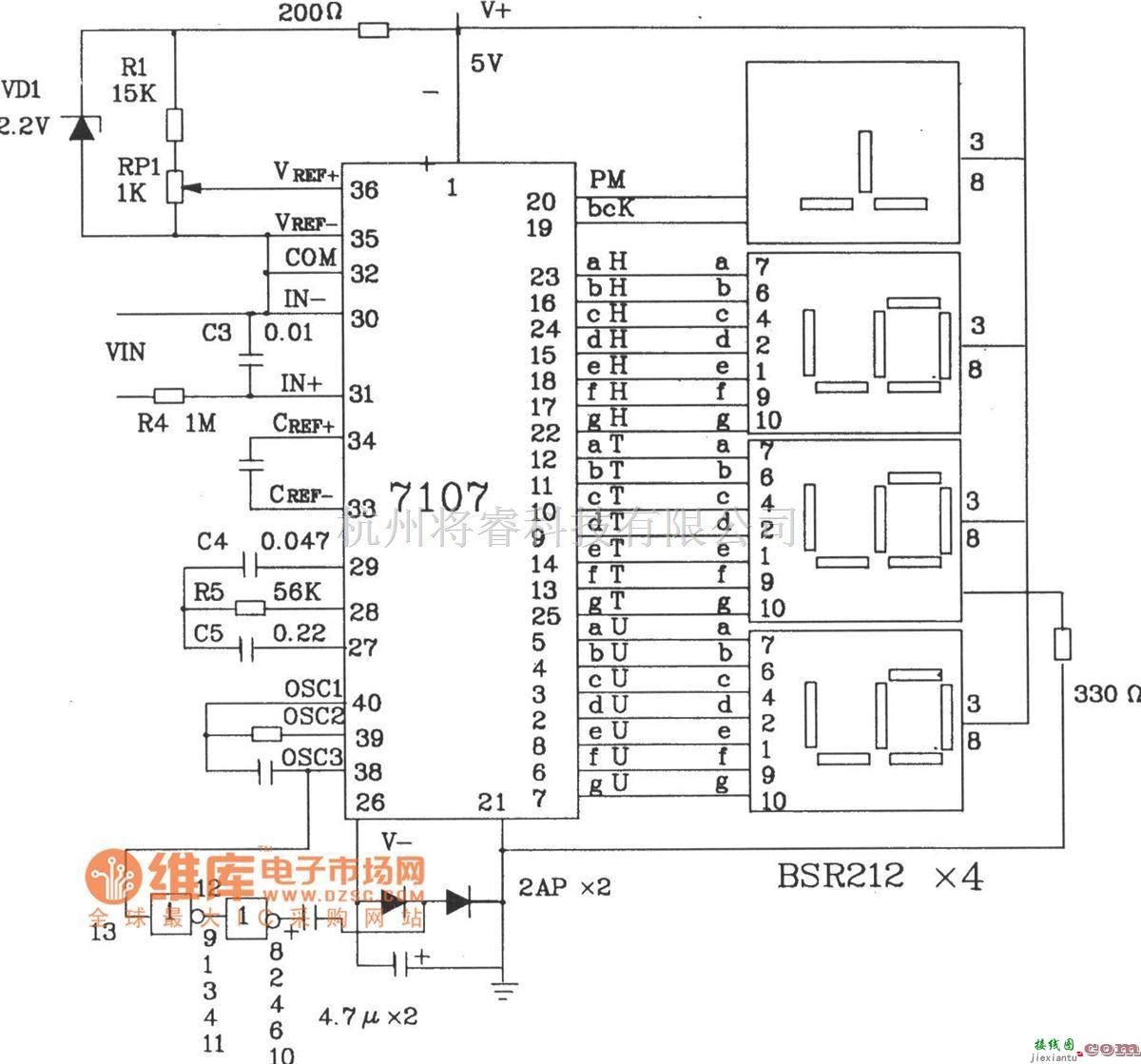 数字万用表电路中的由3 1/2位双积分式A/D转换器ICL7107组成采用单一+5V电源的数字电压表电路图  第1张