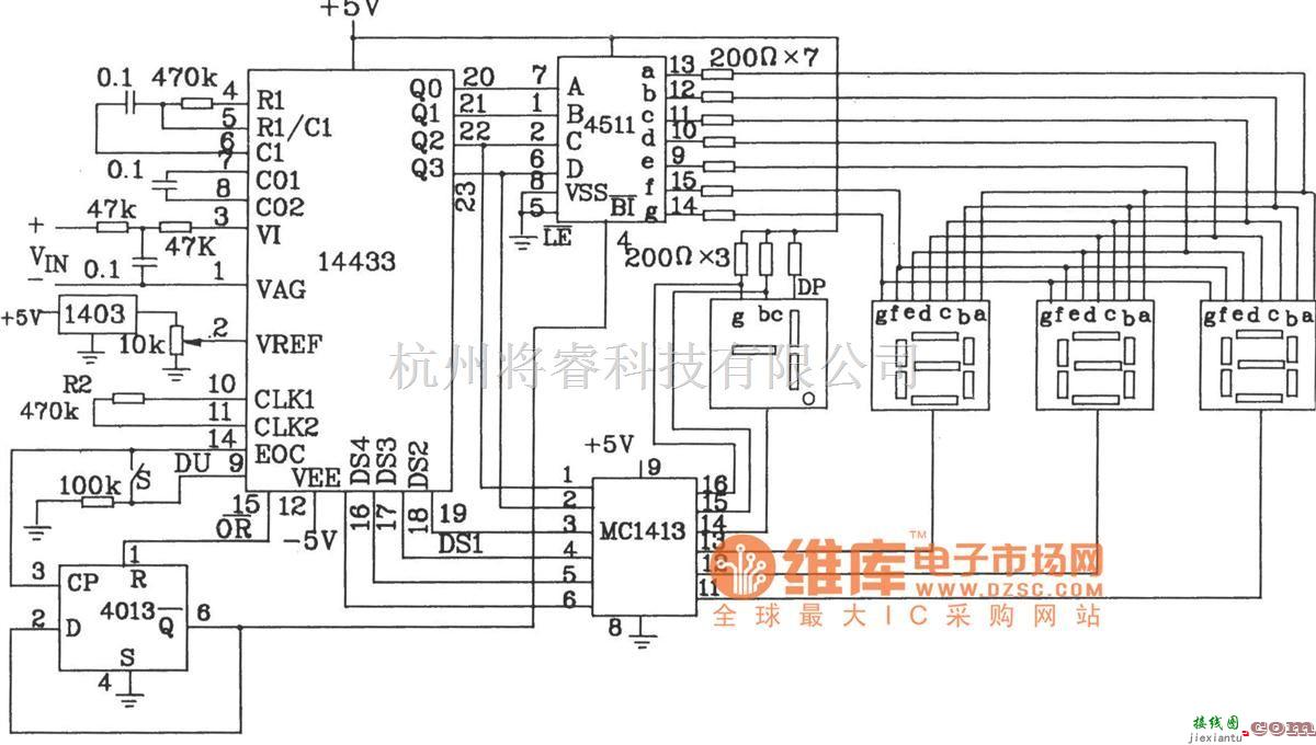 数字万用表电路中的由3 1/2位双积分式A/D转换器MC14433构成的数字电压表电路图  第1张