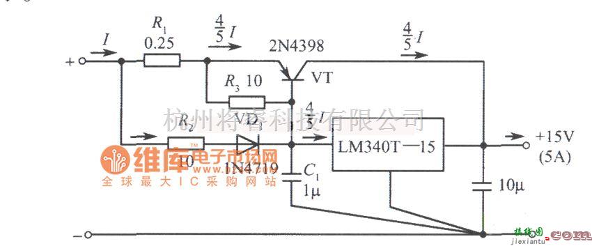 稳压电源中的LM340T-15构成的15V、5A稳压电源电路图  第1张