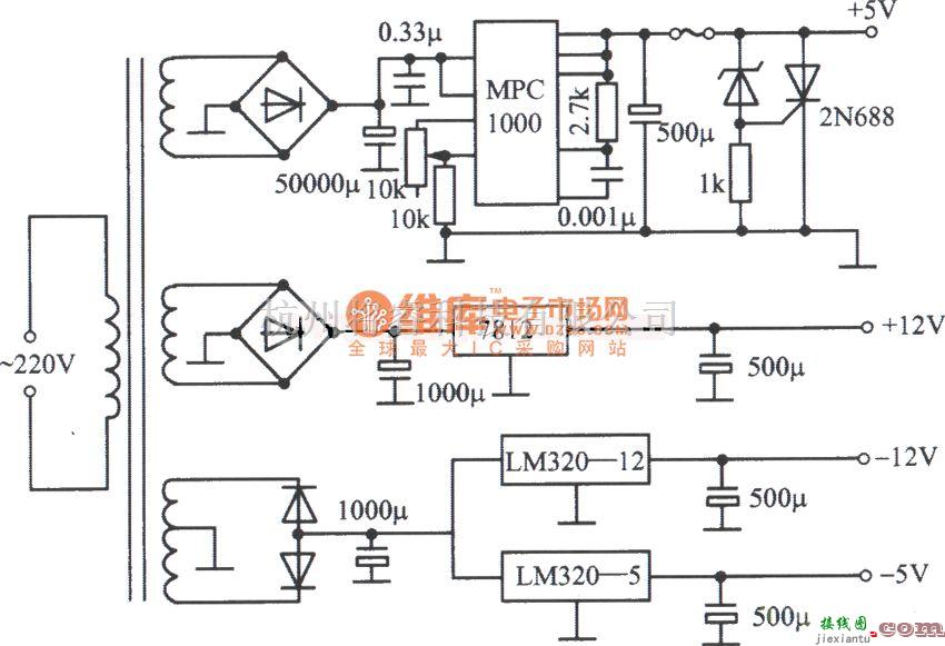 稳压电源中的MPC1000,LM320构成的计算机用±5V和±l2V稳压电源电路图  第1张