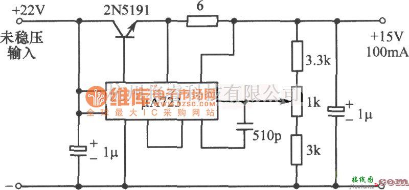 稳压电源中的μA723构成的15V可调稳压电源电路图  第1张