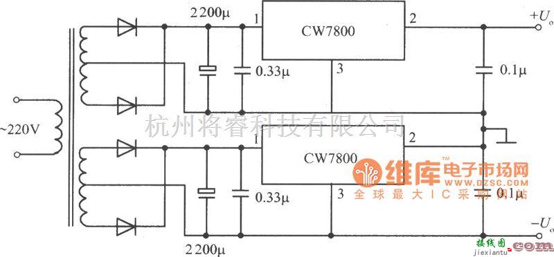 稳压电源中的CW7800构成的正、负电压同时输出的集成稳压电源电路图  第1张