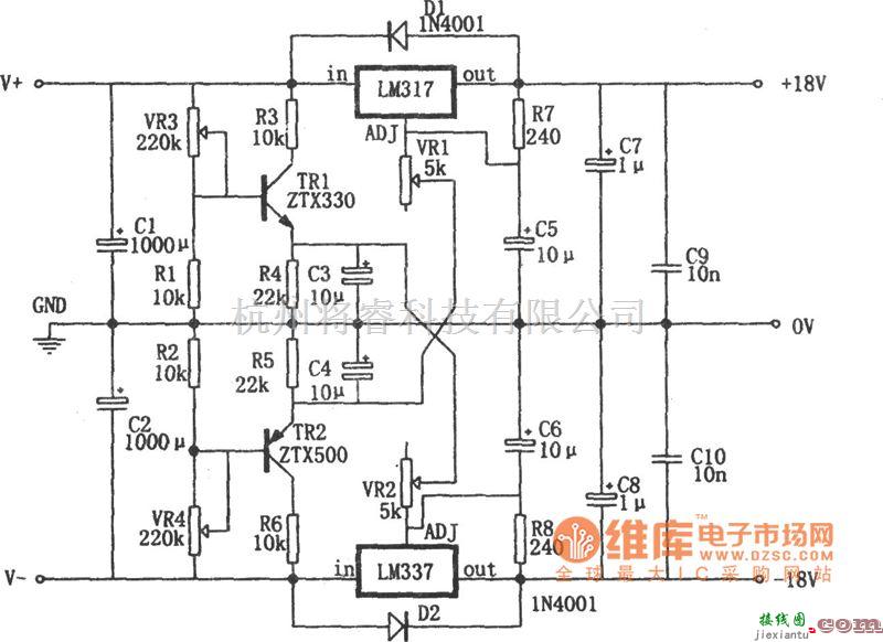 稳压电源中的LM317构成的0～±30V、1.5A电源电路图  第1张