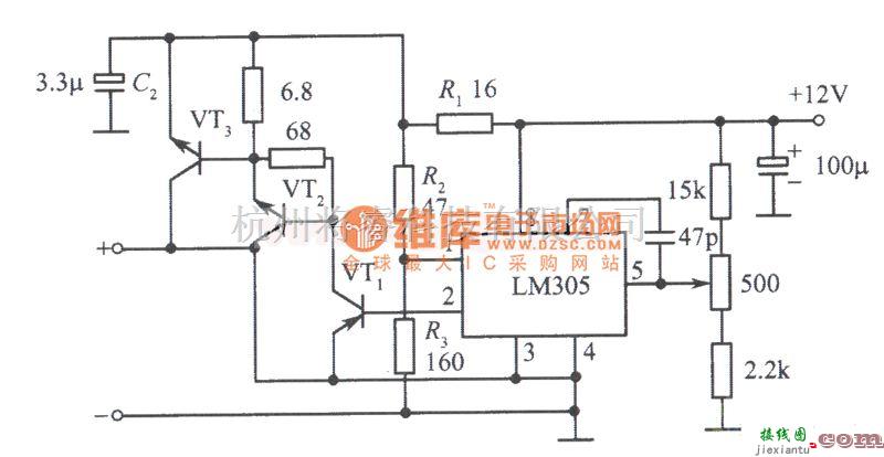 稳压电源中的LM305构成的12V、10A稳压电源电路图  第1张