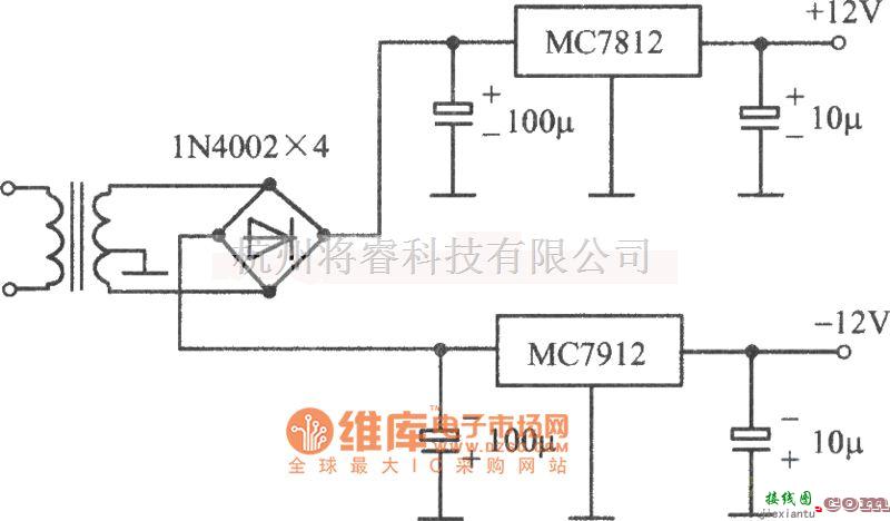 稳压电源中的MC7812(正压)MC7912MC（负压）构成的的±12V稳压电源电路图  第1张