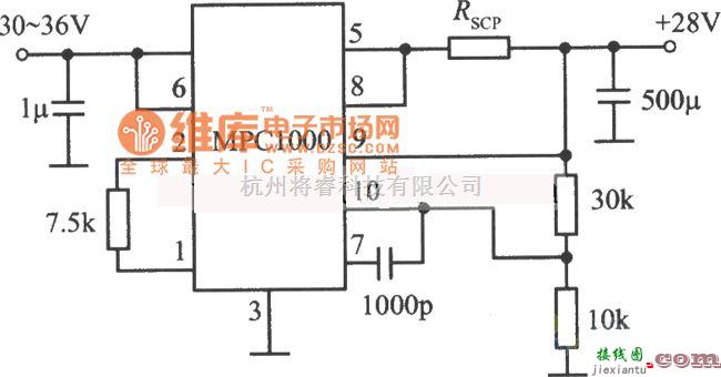 稳压电源中的MPC1000构成的28V、7A稳压电源电路图  第1张