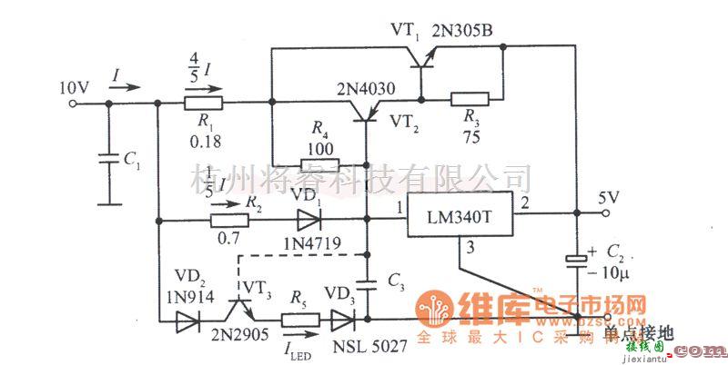 稳压电源中的LM340T集成稳压器构成的5A稳压电源电路（给TTL集成电路供电）电路图  第1张