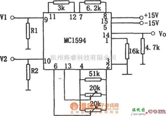 运算放大电路中的MC1594交流电压乘法器电路图  第1张