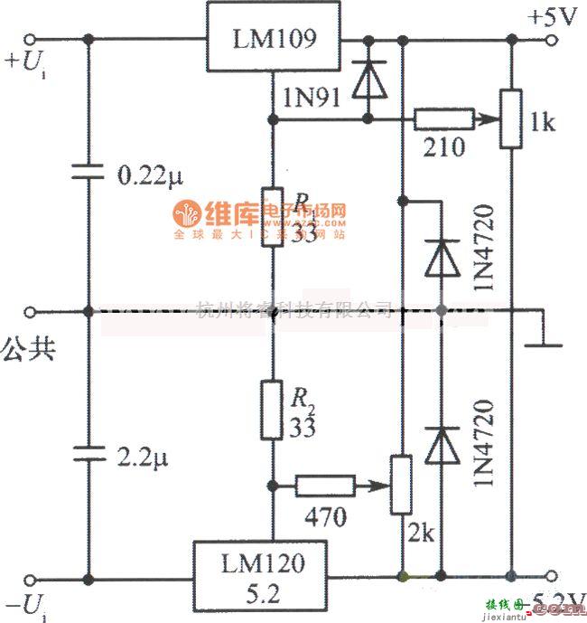 稳压电源中的ＬＭ１０９，ＬＭ１２０构成的带微调的双稳压电源电路图  第1张