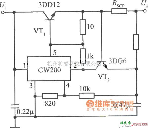 稳压电源中的用NPN型功率晶体管扩流的CW200集成稳压电源电路图  第1张