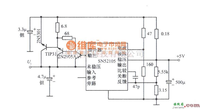 稳压电源中的SN52105集成稳压器构成的5V、10A稳压电源电路图  第1张