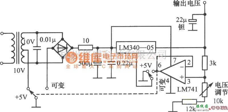 稳压电源中的LM340-05构成的恒压和可调两用稳压电源电路图  第1张