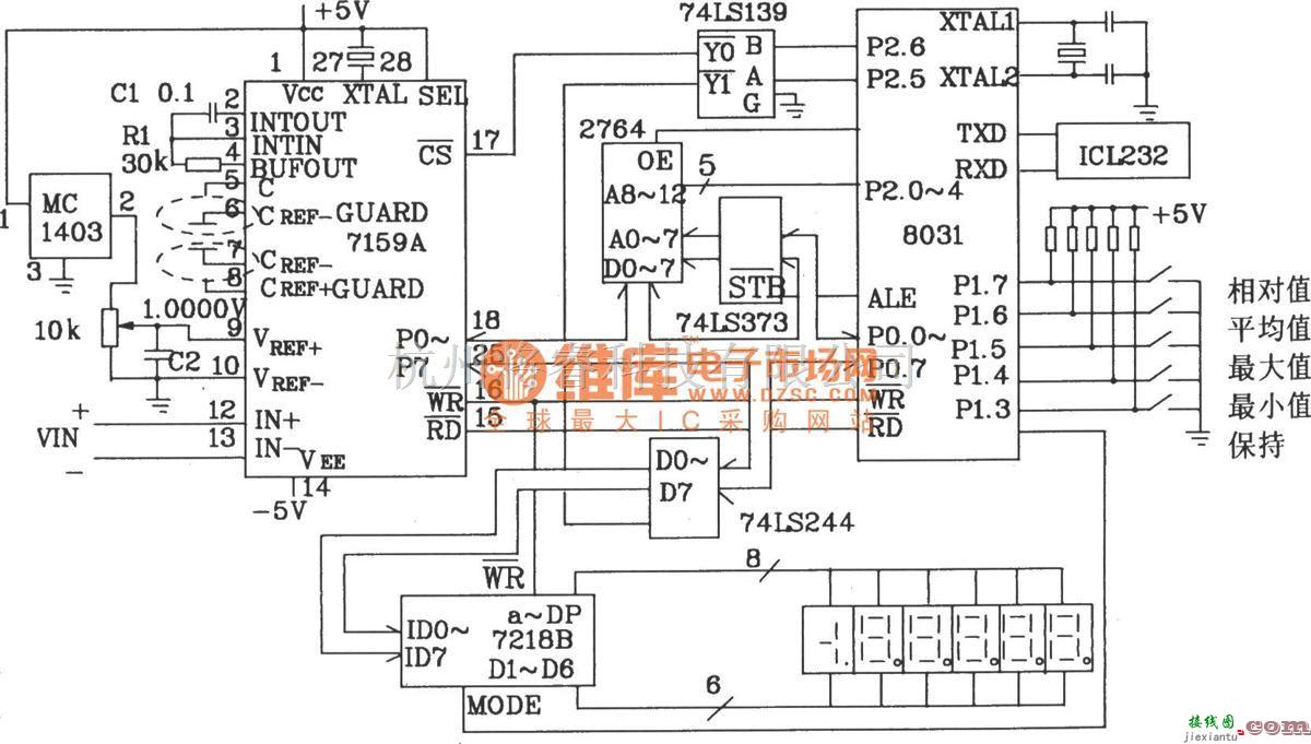 数字万用表电路中的由带微处理器的5 1/2位双积分式A/D转换器HI7159A构成的智能化数字电压表电路图  第1张