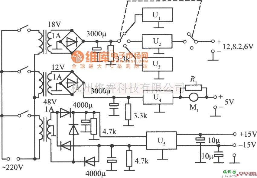 稳压电源中的LM340系列构成的多路稳压电源电路图  第1张