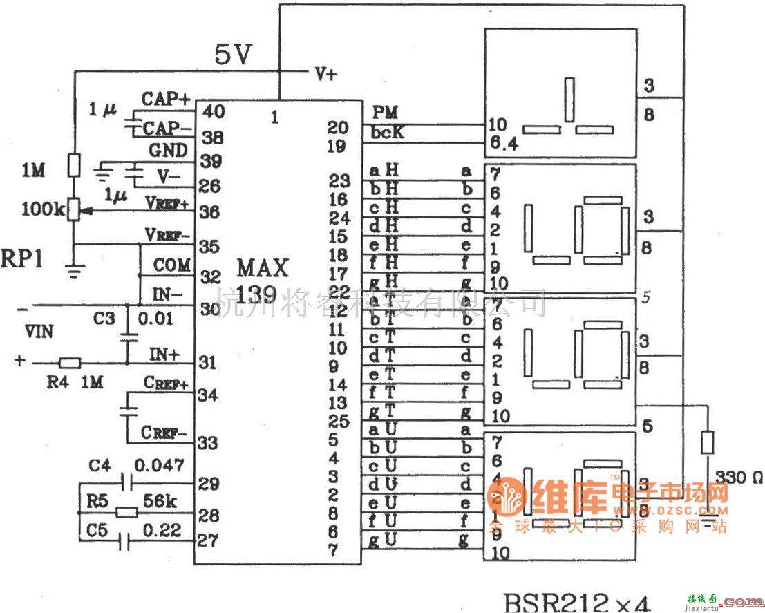 数字万用表电路中的由3 1/2位双积分式A／D转换器MAX139构成的数字电压表电路图  第1张