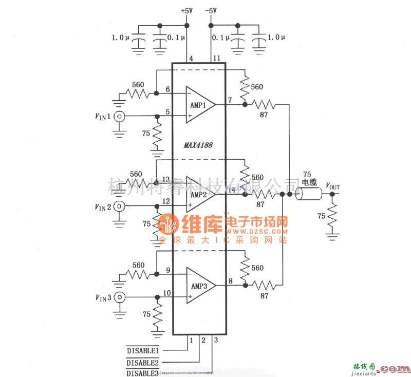 宽带放大器电路中的高速3:1视频多路分配器(MAX4188)电路图  第1张