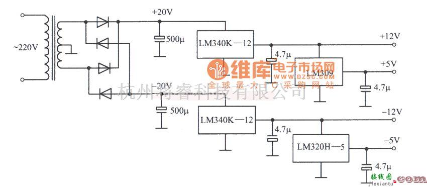 稳压电源中的LM340K-12,LM309,LM320-5构成的±5V和±l2V稳压电源电路图  第1张