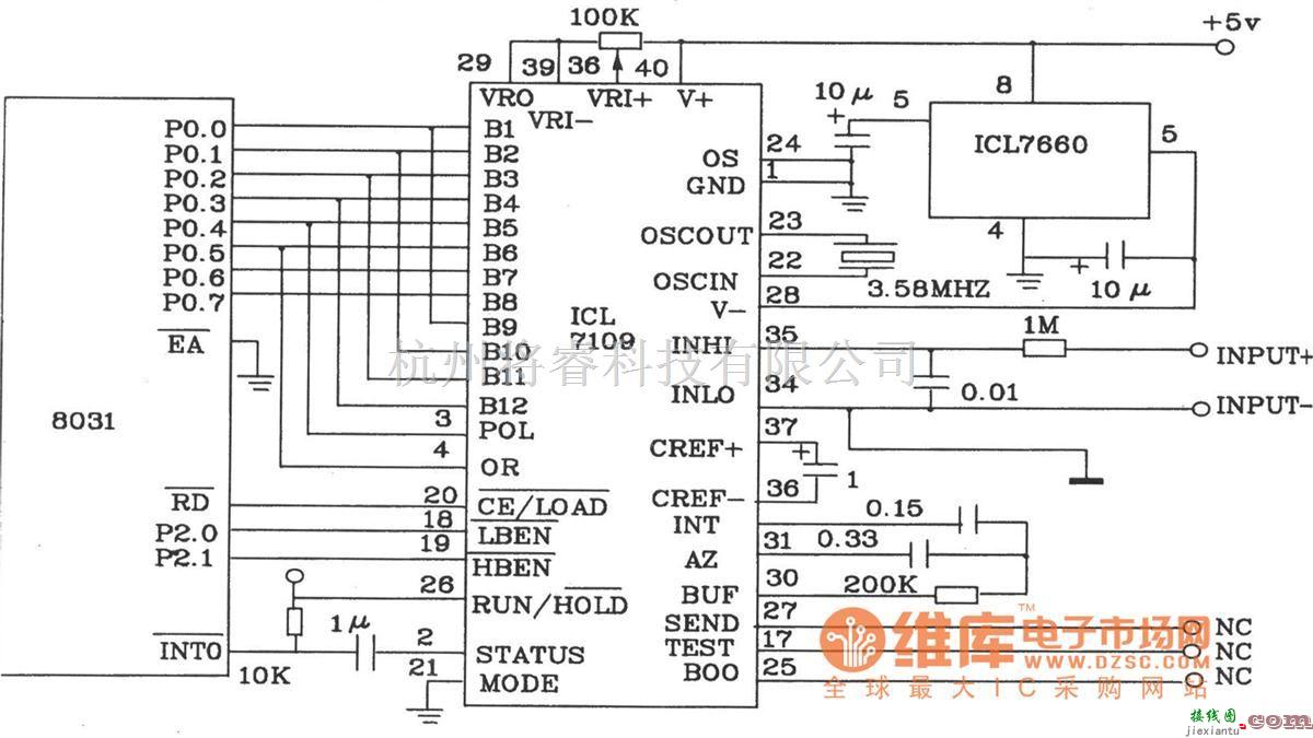 单片机制作中的由12位双积分A/D转换器ICL7109与8031单片机构成的接口电路图  第1张