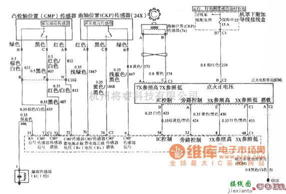 别克中的别克GL8凸轮轴位置CMP传感器，曲轴位置CKP传感器、点火电控单元ICM电路图  第1张