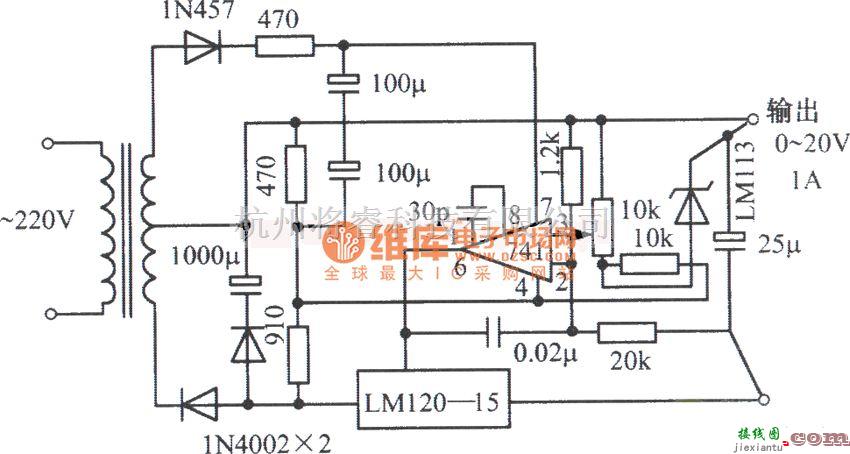 稳压电源中的LM120-15,齐纳二极管LM741构成的0～20V、1A可调稳压电源电路图  第1张