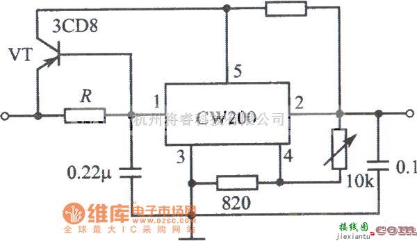 稳压电源中的用PNP型功率晶体管扩流的CW200集成稳压电源电路图  第1张