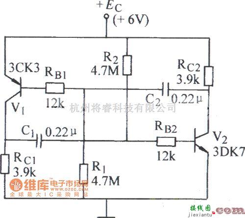 振荡电路中的互补管自激多谐振荡器电路图  第1张