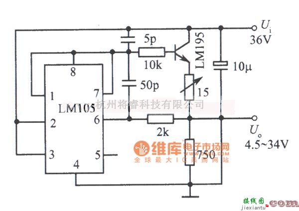 稳压电源中的LM105,集成功率管LM195构成的4．5～34V、lA可调稳压电源电路图  第1张