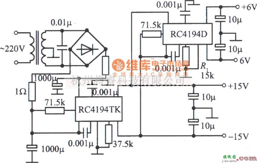 稳压电源中的RC4194TK,RC4194D构成的双对称稳压电源电路图  第1张