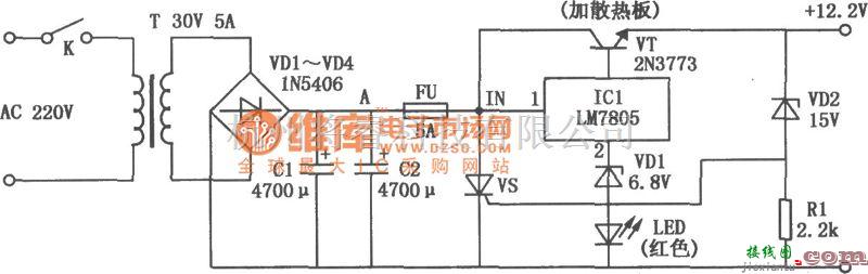 电源电路中的具有过压保护的低压5A／12V直流电源电路图  第2张