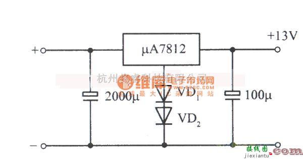 稳压电源中的μ7812构成的13V稳压电源(利用二极管提升输出电压)电路图  第1张