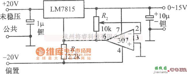 稳压电源中的LM7815,运放307构成的0～15V可调稳压电源电路图  第1张