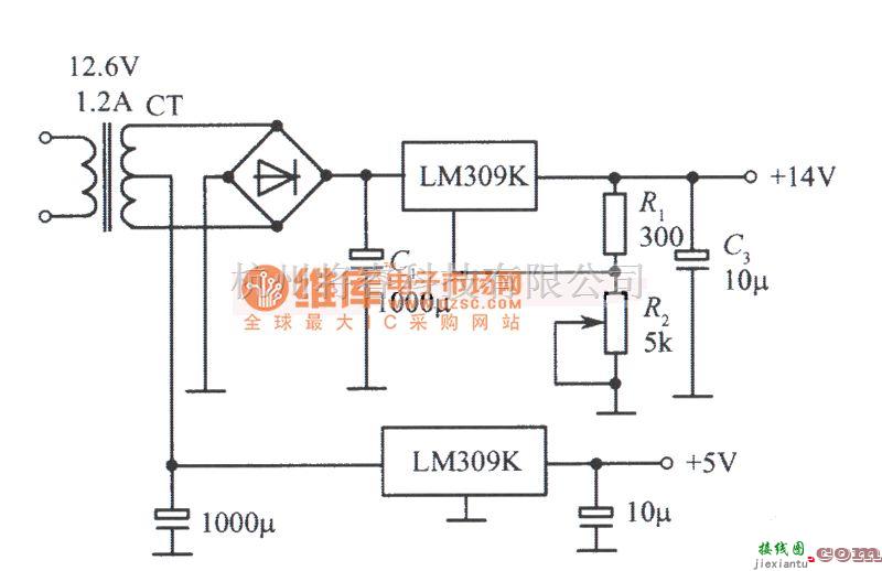 稳压电源中的LM309K构成的双稳压电源电路图  第1张