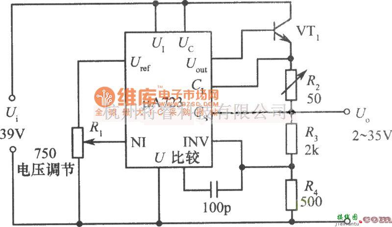 稳压电源中的μA723构成的2～35V、10A可调稳压电源电路图  第1张