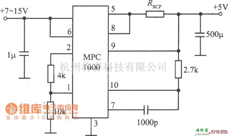 稳压电源中的MPC1000集成稳压器构成的5V、３A稳压电源电路图  第1张