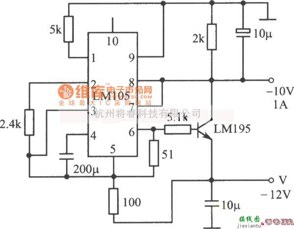 稳压电源中的ＬＭ１０５集成稳压器，ＬＭ１９５功率晶体管构成的—10V、１A稳压电源电路图  第1张