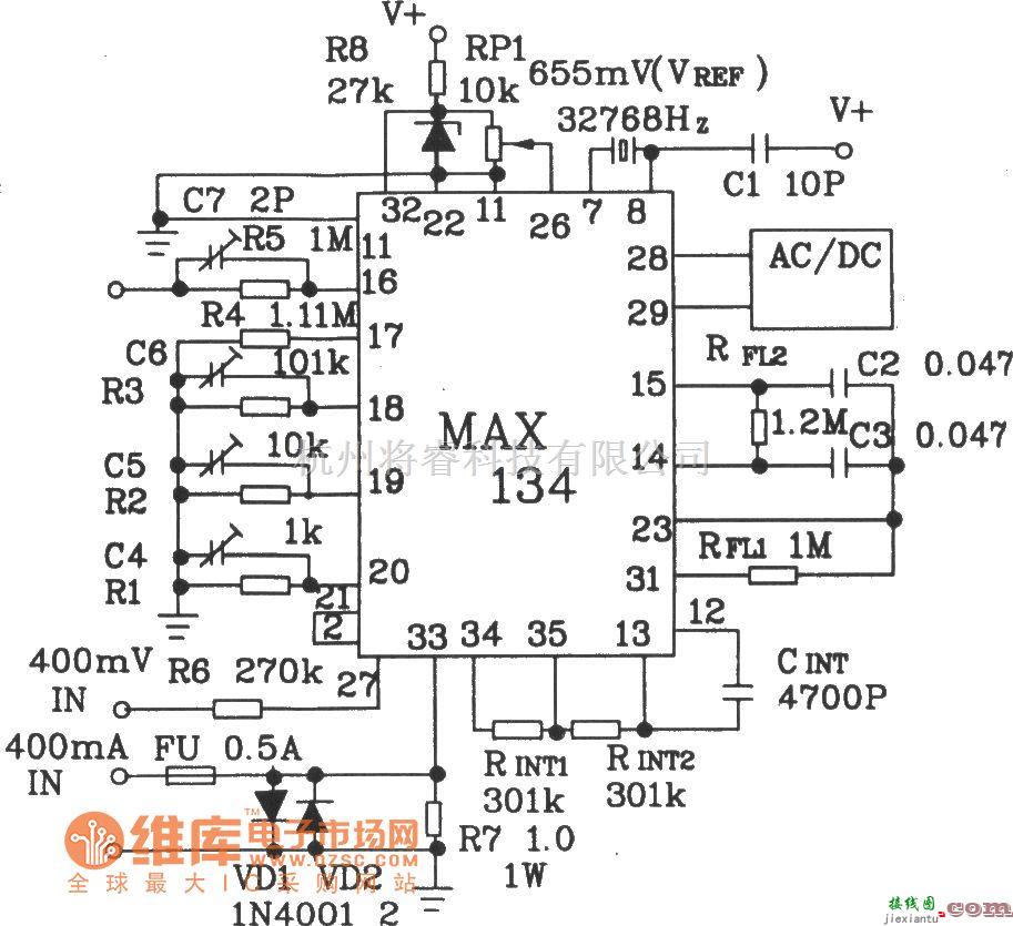 数字电路中的由4 3/4位积分式A/D转换器MAXl34和单片机8031构成的数字万用表电路图  第1张