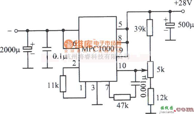 稳压电源中的MPC1000构成的28V、10A稳压电源电路图  第1张