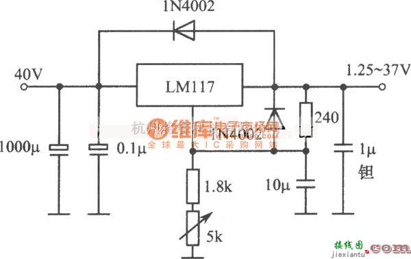 稳压电源中的LM117构成的1.25～37V、1.5A可调稳压电源电路图  第1张