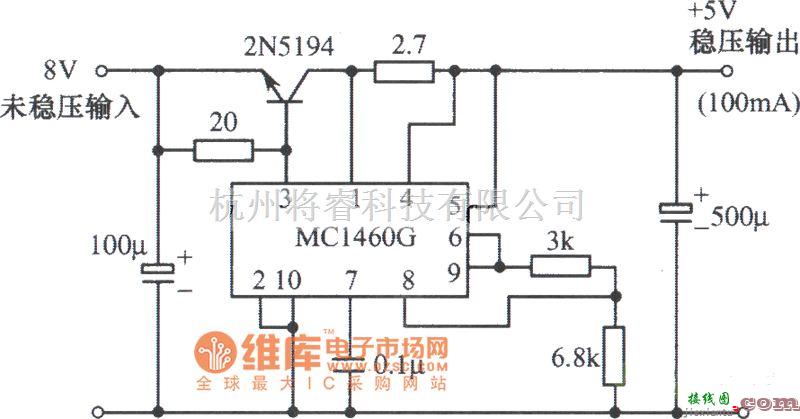 稳压电源中的MC1460G集成稳压器构成5V稳压电源电路图  第1张