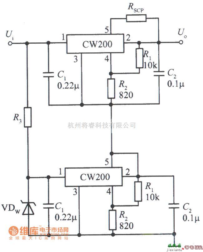 稳压电源中的两个CW200输出电压叠加的集成稳压电源电路图  第1张