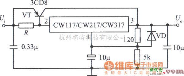 稳压电源中的用外接PNP型晶体管扩展电流的集成稳压电源电路图  第1张