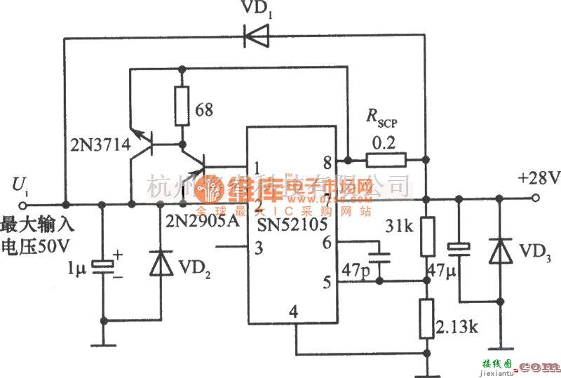 稳压电源中的SN52105构成的28V、1A稳压电源电路图  第1张