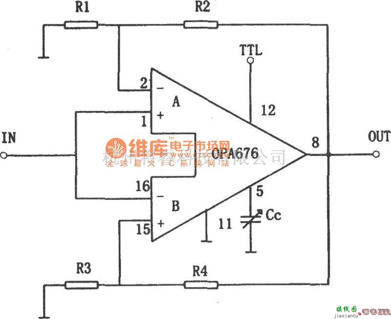 运算放大电路中的OPA676构成的增益可编程放大电路电路图  第1张