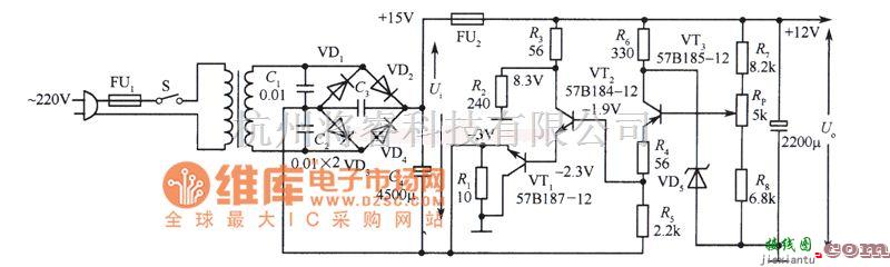 稳压电源中的12V集电极输出稳压电源电路之二电路图  第1张