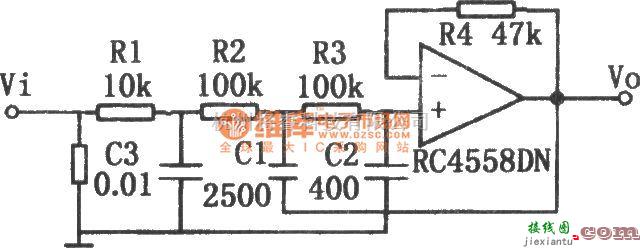 滤波器中的每倍频程衰减-18dB的有源低通滤波器(RC4558DN)电路图  第1张